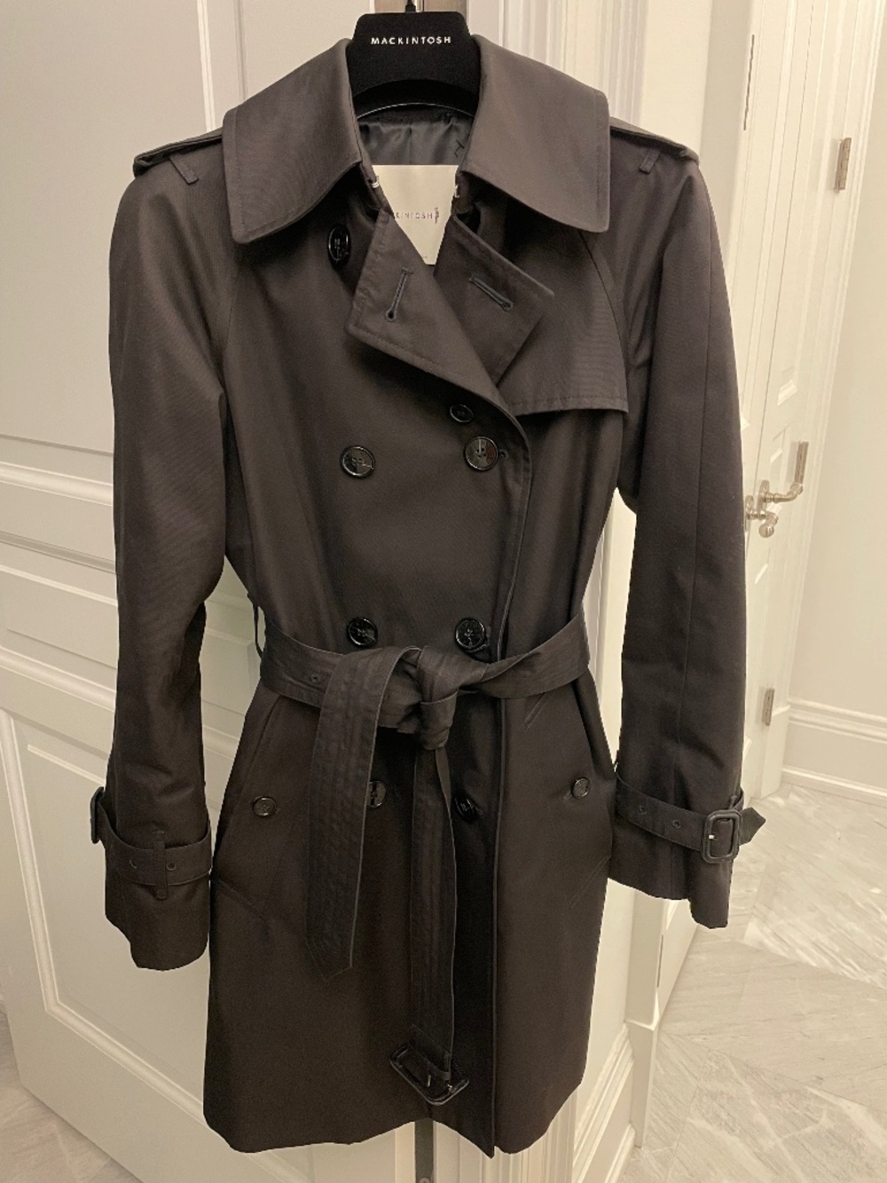 Mackintosh Belted Trench, Black, Size 6 UK, Made In United Kingdom